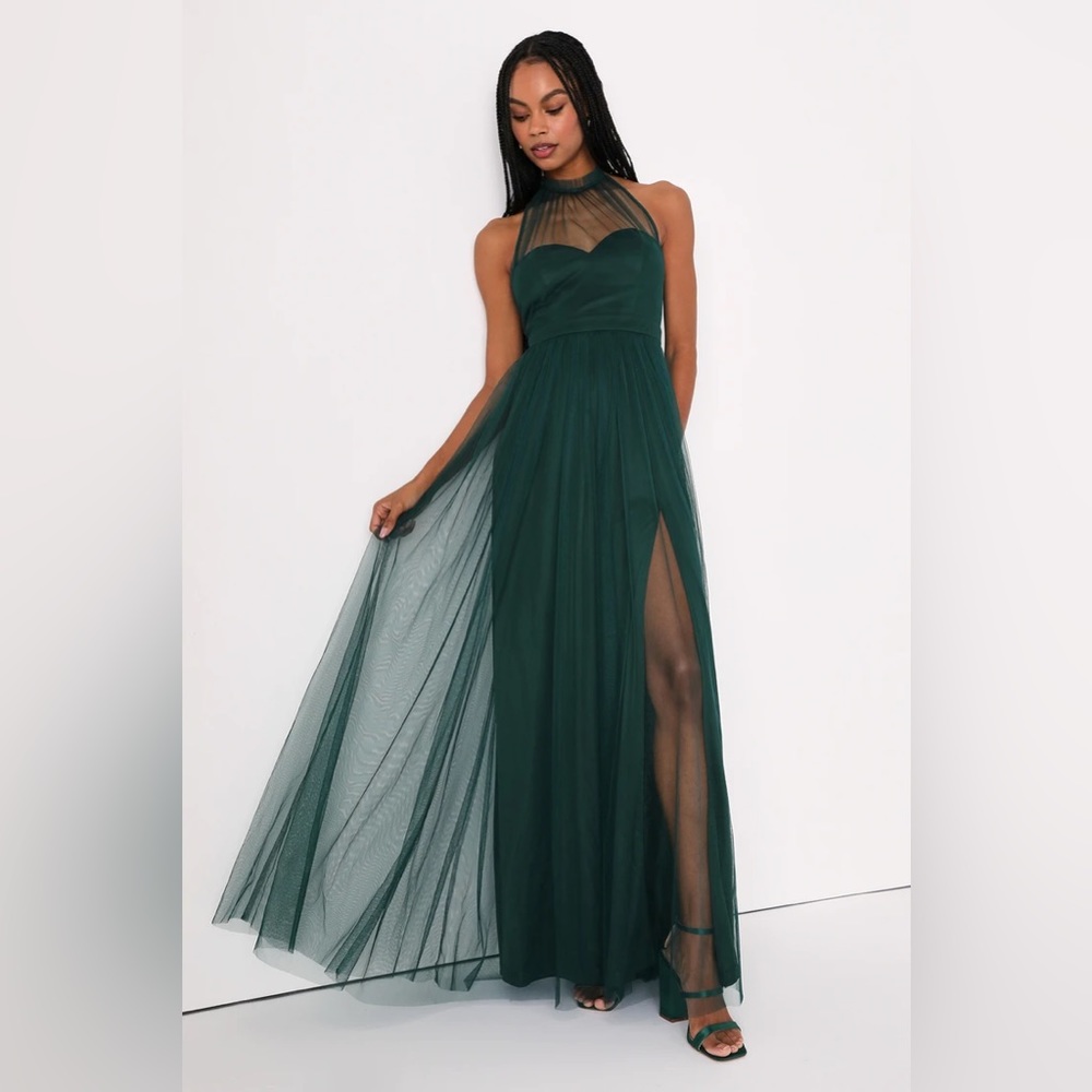 Regal Drama Emerald Green Tulle Halter Maxi Dress